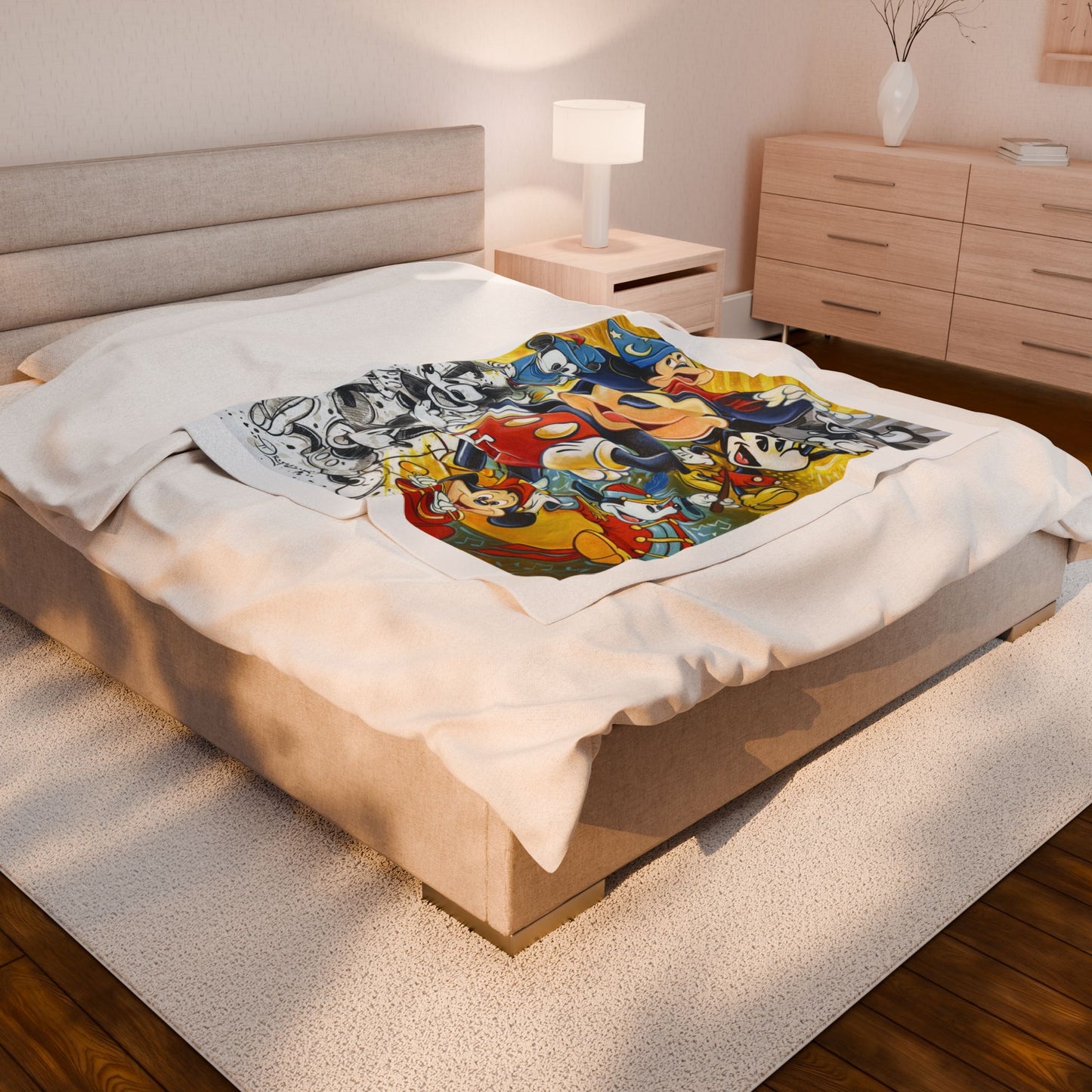 Mickey Mouse Velveteen Plush Blanket – Colorful Retro Character Collage Throw