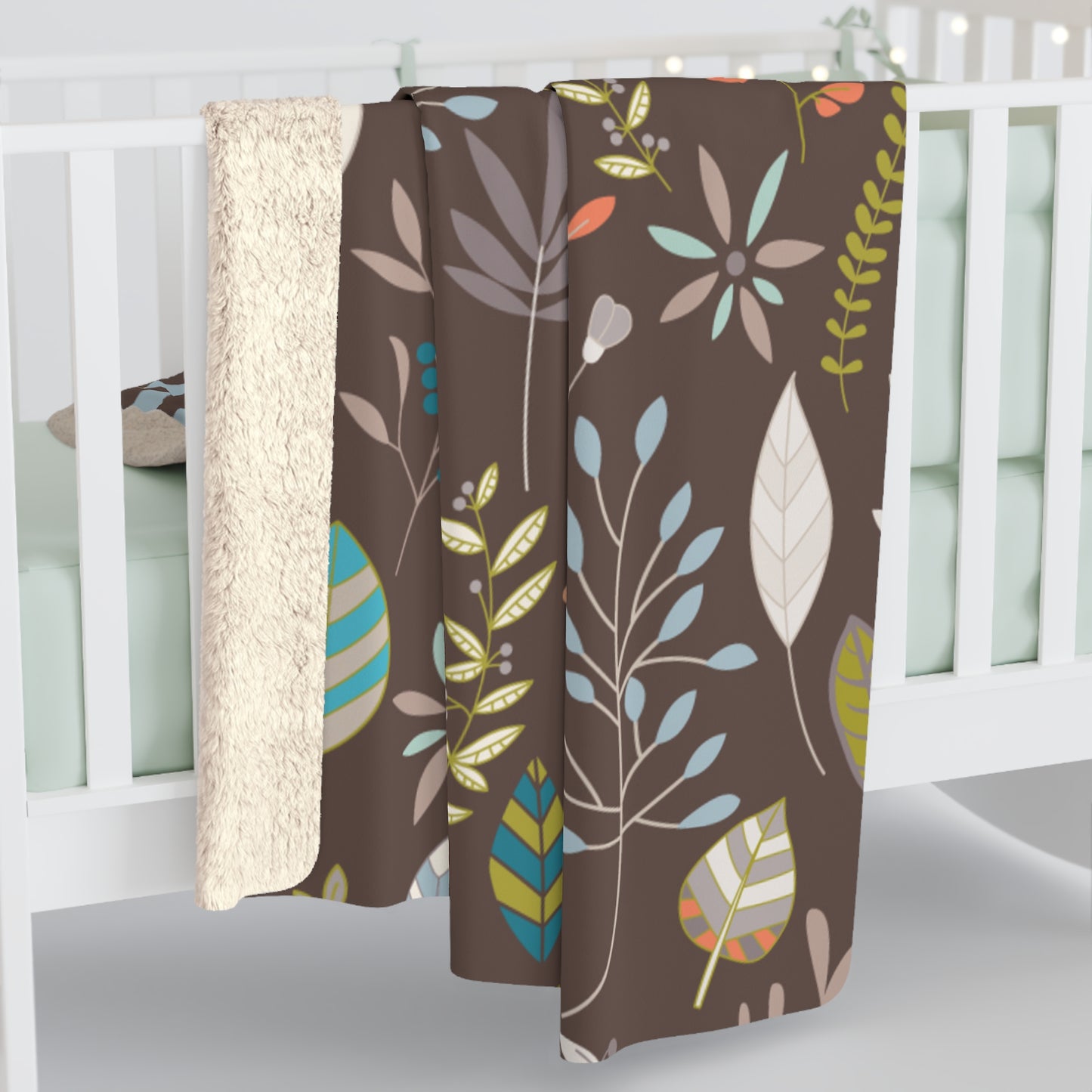 Floral Leaf Sherpa Blanket — Cozy Brown Botanical Throw