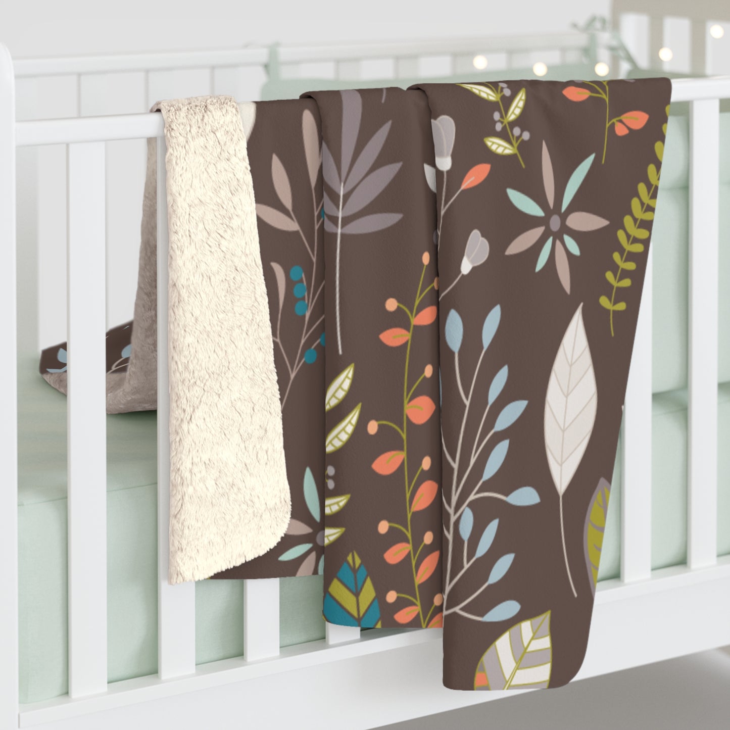 Floral Leaf Sherpa Blanket — Cozy Brown Botanical Throw