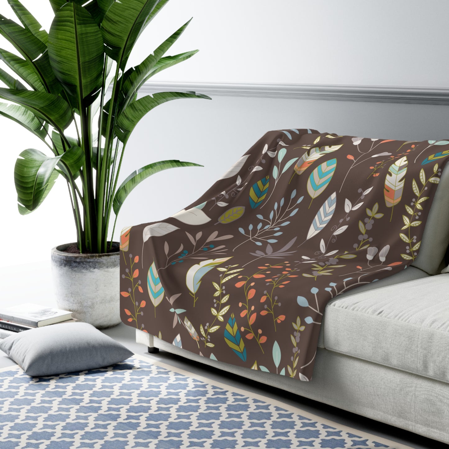 Floral Leaf Sherpa Blanket — Cozy Brown Botanical Throw