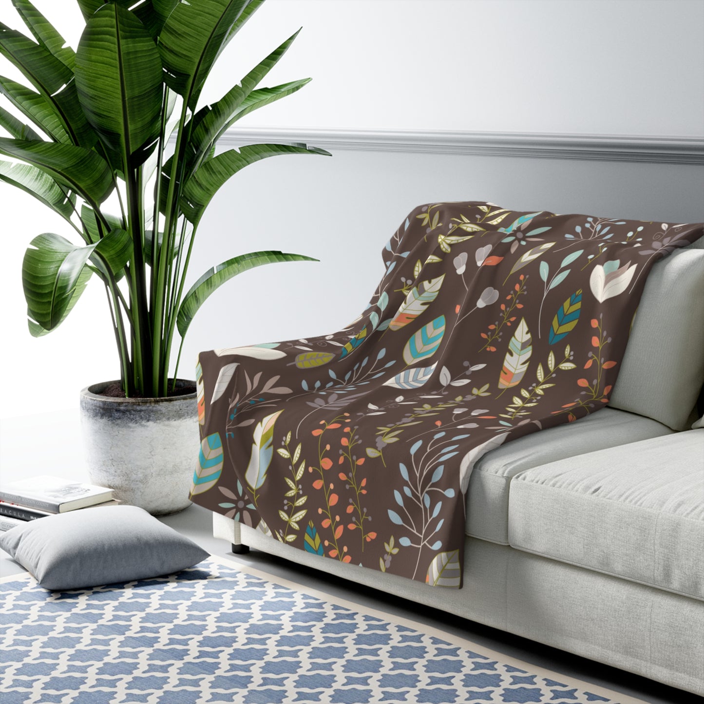 Floral Leaf Sherpa Blanket — Cozy Brown Botanical Throw